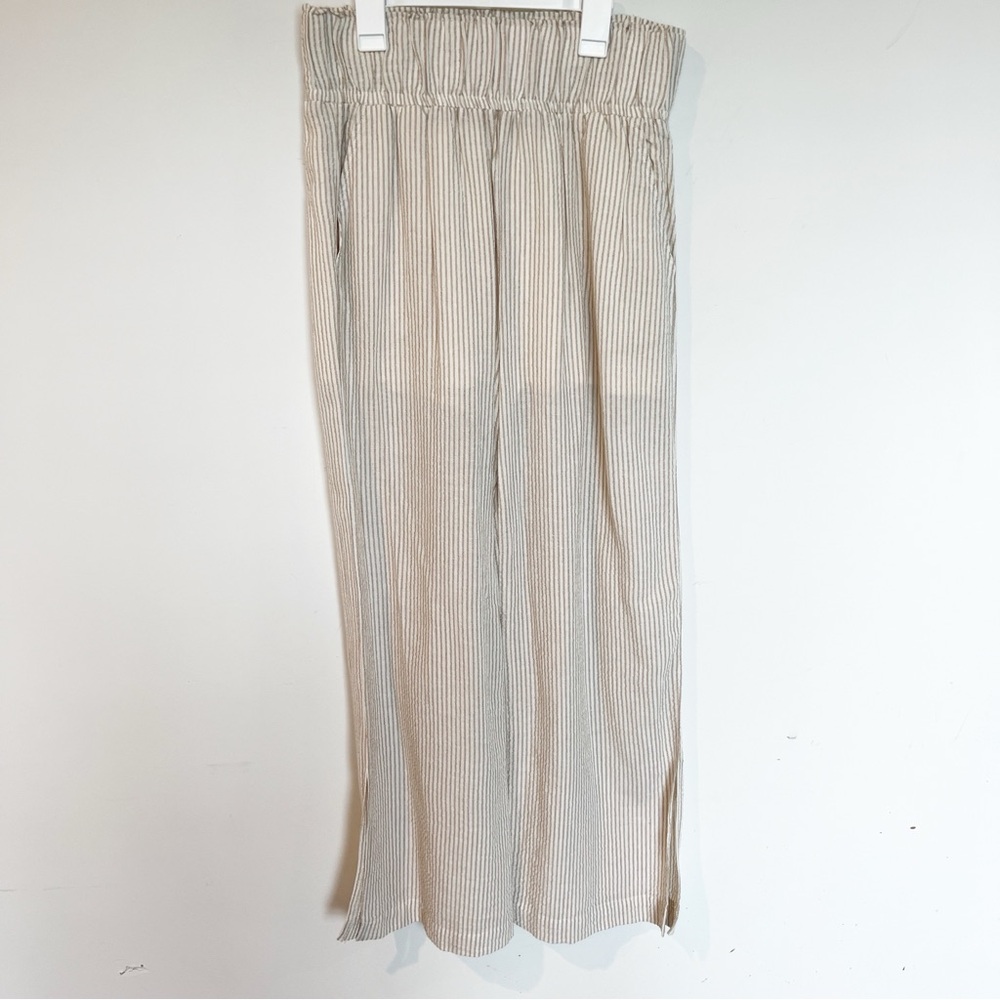 NEW Mod Ref size L 100% cotton stripe wide leg pants tan white cream